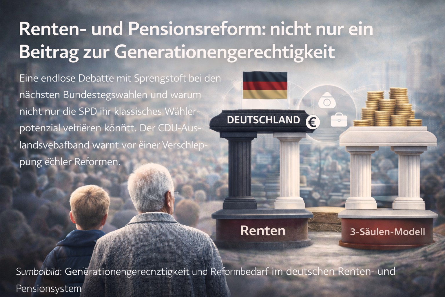 KI generiertes Symbolbild: Generationengerechtigkeit und Reformbedarf im deutschen Renten- und Pensionssystem